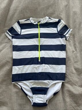 Primary Navy & White Stripe Zip-Front Swim Suit